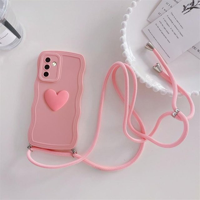 Silikonhülle mit lockigem Crossbody Lanyard und 3D Love Heart Design für Samsung Galaxy S24 S23 S22 S21 Ultra S23 FE A54 A34 A14 A15 A25 A35 A55 A05 in Pink - Bild 1