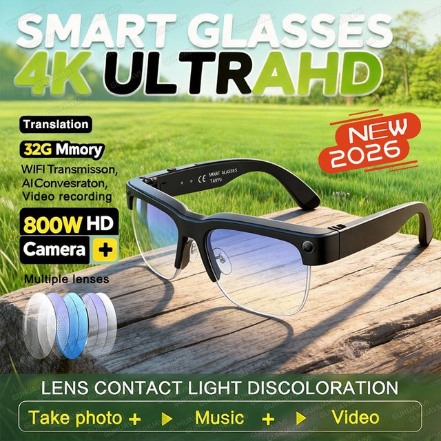 GUHUAVMI KI-Smart-Brille mit 800W-Kamera, Blaulichtfilter und Audio-Funktionen für Videoaufnahme, Übersetzung, Musik und Anrufe in Schwarz oder Blau - Bild 1