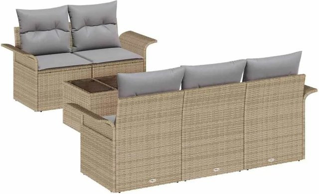 vidaXL Garten-Sofa-Set 6-tlg. in L-Form mit Kissen und integriertem Stauraum, Beige und Grau - Bild 1