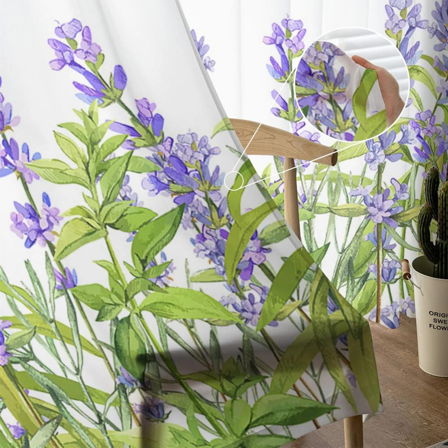 Yiran Furniture Transparentes Tüll-Vorhang mit Lavendel-Blumenmuster in Lila und Weiß, Organza-Voile mit Ösen, Breite: 135 cm, Höhe: 115 cm - Bild 1
