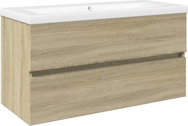 vidaXL 2-tlg. Badmöbel-Set aus Keramik und Holzwerkstoff in Weiß und Sonoma-Eiche mit Waschbeckenunterschrank und Waschbecken, B/T/H: 90,0 x 45,0 x 38,5 cm - Bild 1