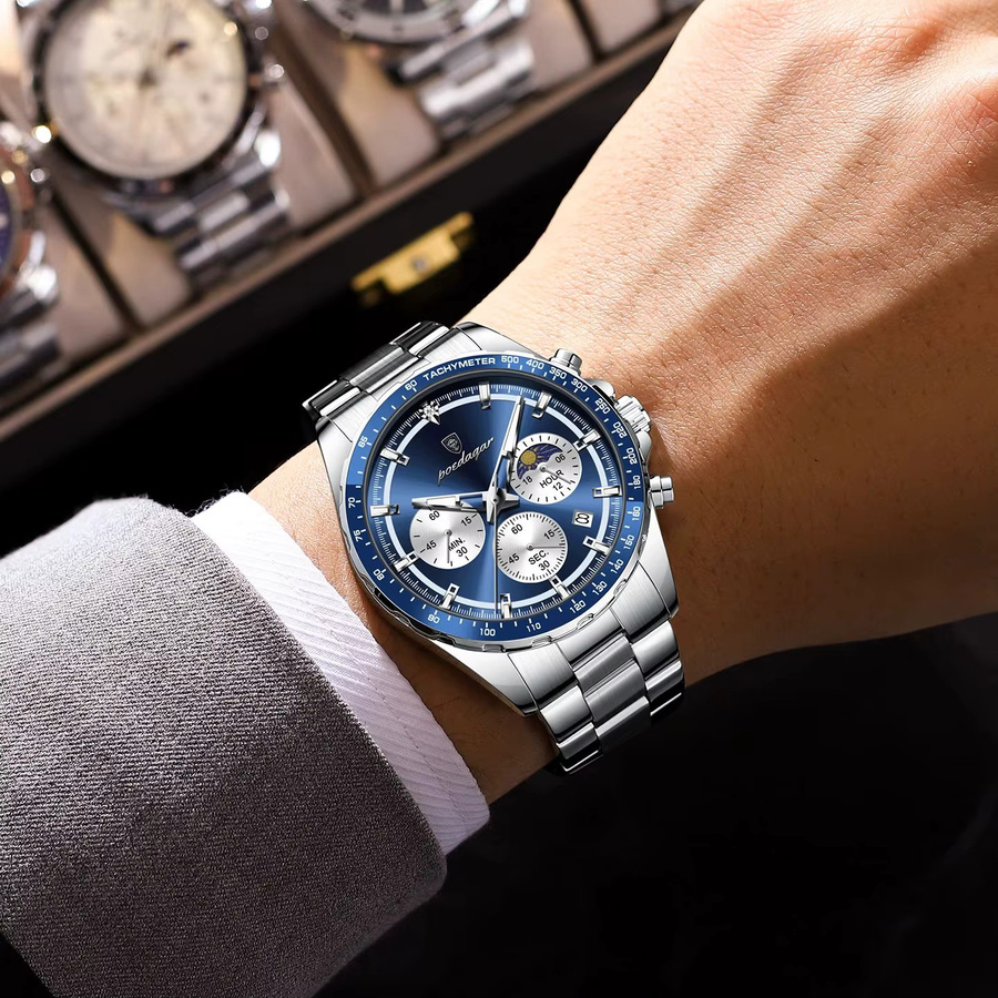 POEDAGAR Armbanduhr Chronograph, Quarz, Edelstahl, Silberblau, Herren - Bild 5