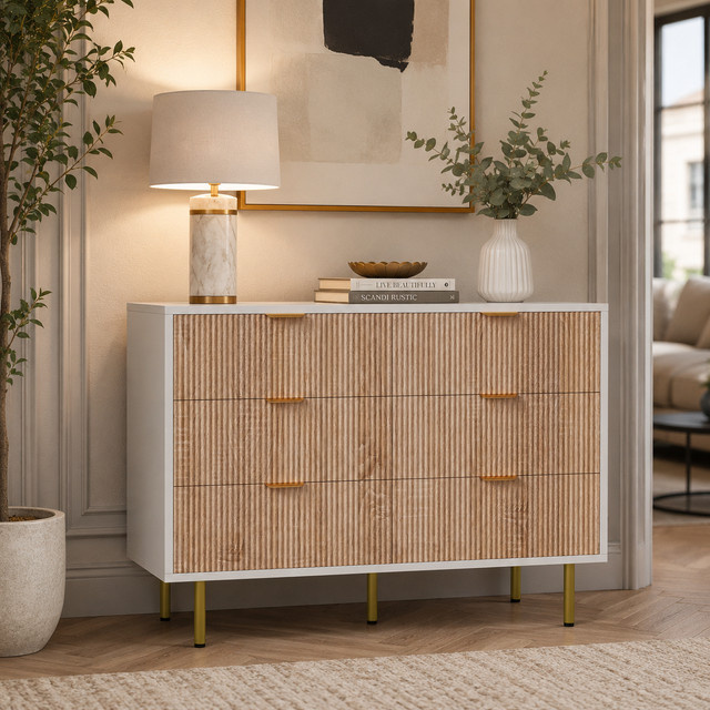 Moderne 6-Schubladen-Kommode HYNHXBP in Weiß mit goldenen Metallgriffen und -beinen für dein Schlafzimmer - Bild 1