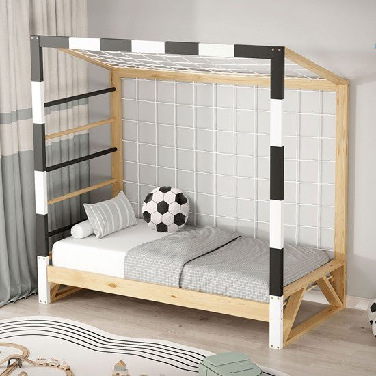 ML-Design Kinderbett Fußballtor aus massivem Kiefernholz in Schwarz-Weiß-Beige mit Lattenrost, B/T/H: 70 x 140 x 76 cm - Bild 1