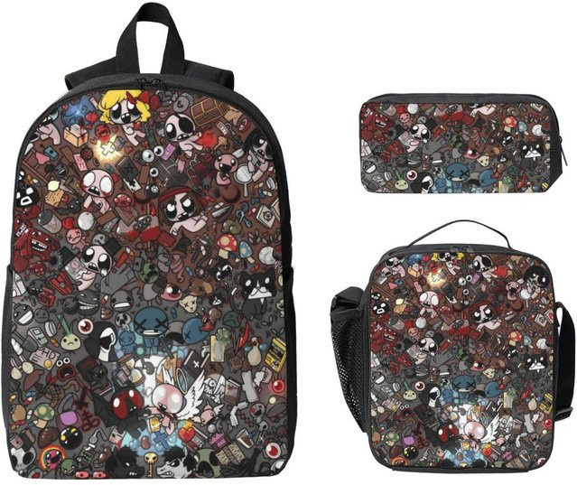 The Binding Of Isaac Schultaschen Set für Mädchen und Jungen mit Rucksack, Federmäppchen und Brotdose von Fancy Style Studio in Schwarz und Multicolour - Bild 1