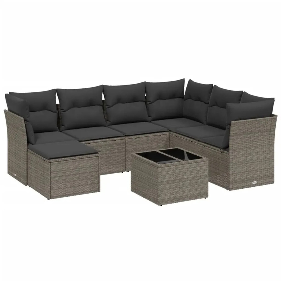 vidaXL 8-teilige Garten-Sofagarnitur in L-Form aus Poly-Rattan mit Kissen und Couchtisch, Hellgrau - Bild 2