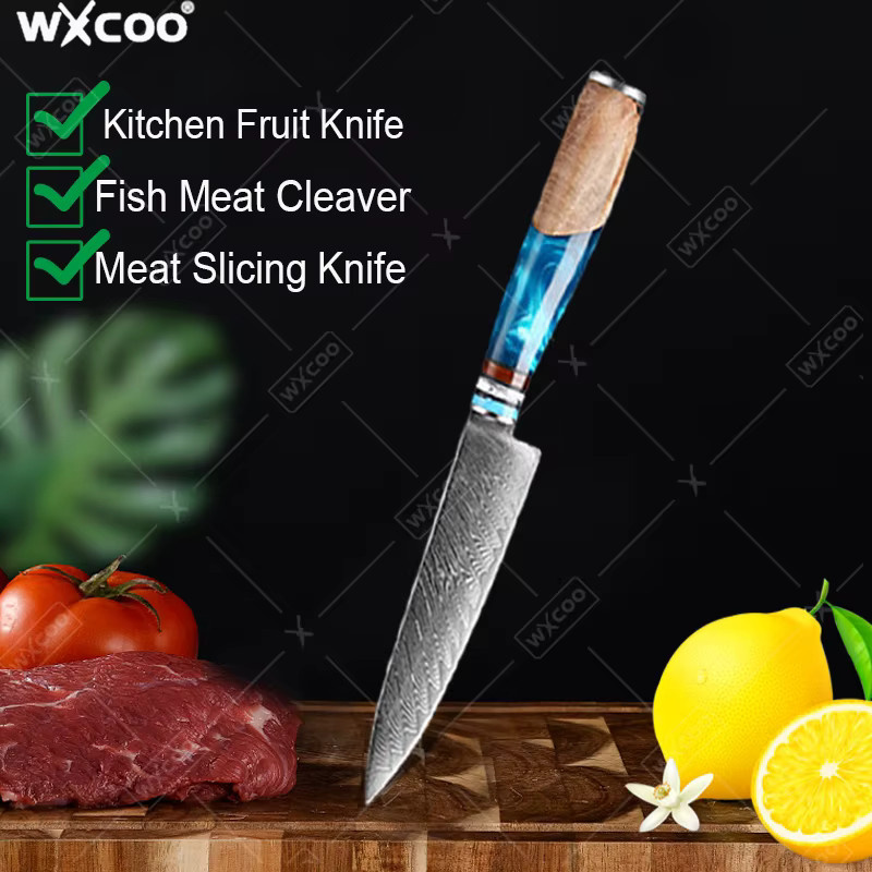 WXCOO Damaszener Stahl Kochmesser-Set mit blauem Harzgriff, Japanisches Profi-Küchenmesser-Set für Obst und zum Schälen - Bild 6