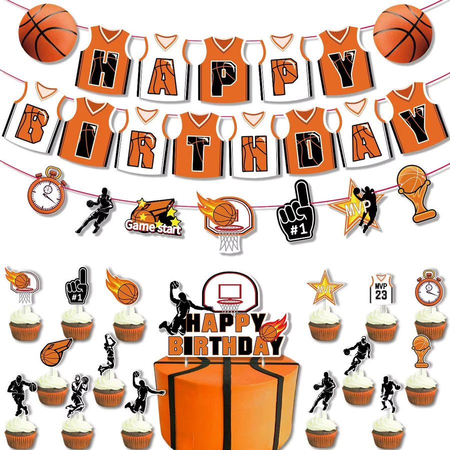LQZZY Basketball Geburtstagsparty-Dekorationsset mit Wimpel, Kuchenaufsatz und Karte in Orange - Bild 4