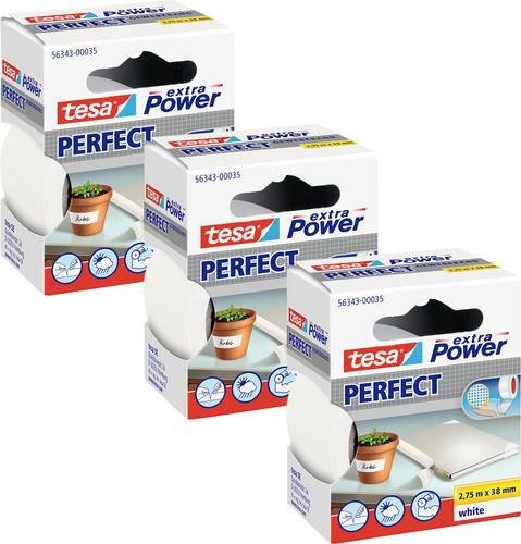 Tesa Extra Power Perfect Gewebeklebeband Weiß, 3er-Set, Breite: 3,8 cm, Länge: 2,75 m - Bild 1