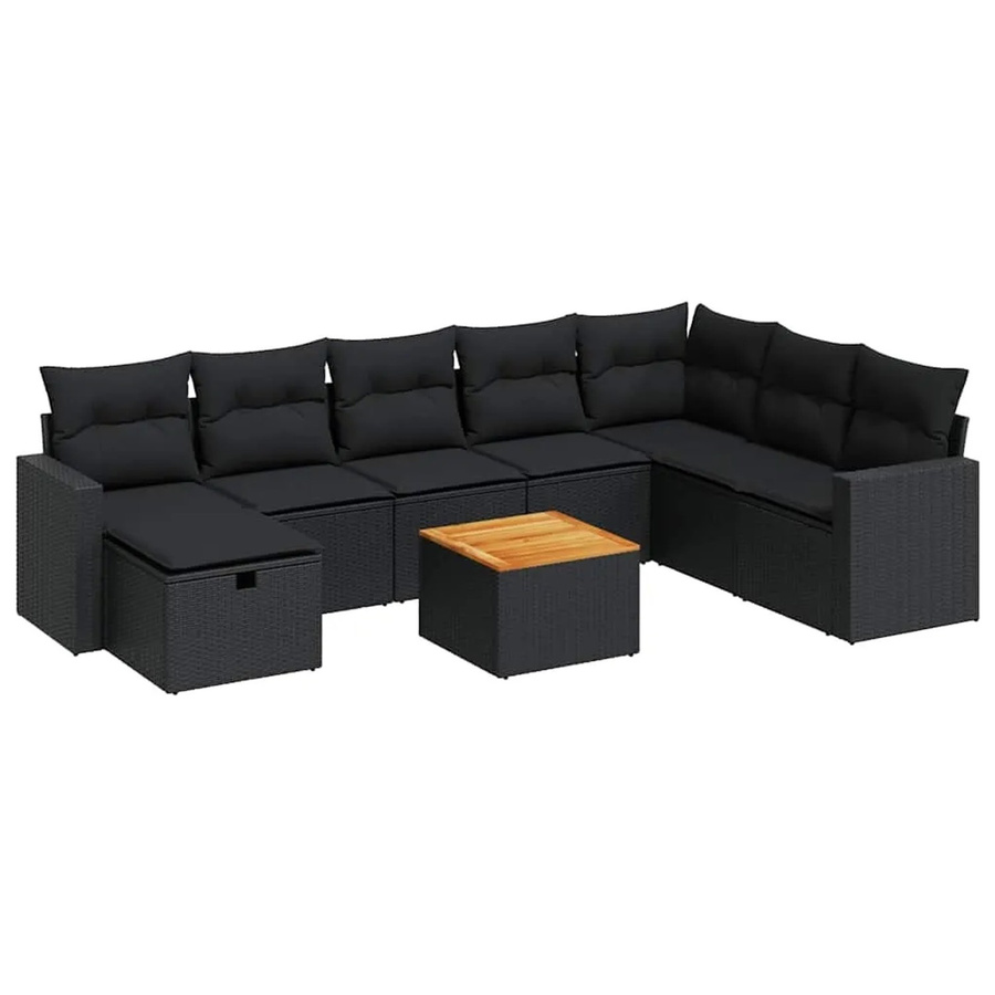 vidaXL 9-teilige Garten-Sofagarnitur aus Poly-Rattan und Akazienholz in Schwarz mit Kissen - Bild 2
