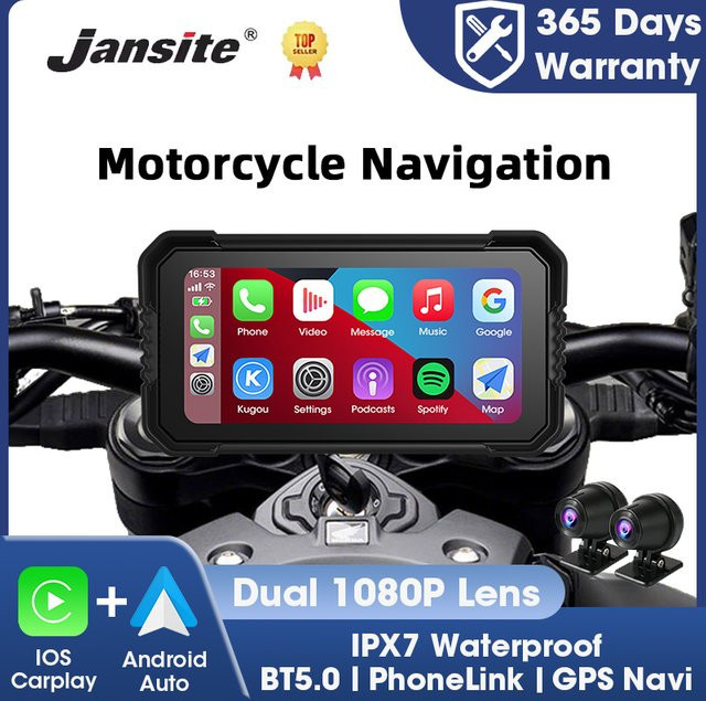Jansite Moto Monitor Motorrad-GPS-Navigator mit 6,25-Zoll IPS-Display, CarPlay, DVR Dashcam und TPMS, IPX7 wasserdicht, Schwarz - Bild 1
