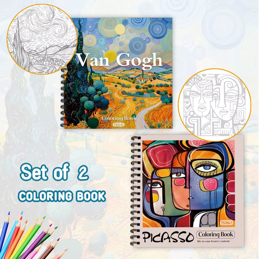 2-teiliges Malbuch-Set Vangogh und Picasso mit 30 abstrakten Designs, spiralgebunden, Multicolor, B/H: 21,1 x 21,1 cm - Bild 2
