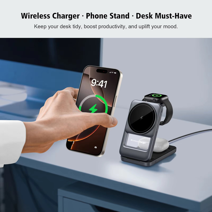 XIKCU 3-in-1 Magnetische Kabellose Ladestation für iPhone 12 bis 17, Apple Watch und AirPods Pro, Faltbarer Desktop-Ständer, Farbe: Silber - Bild 3
