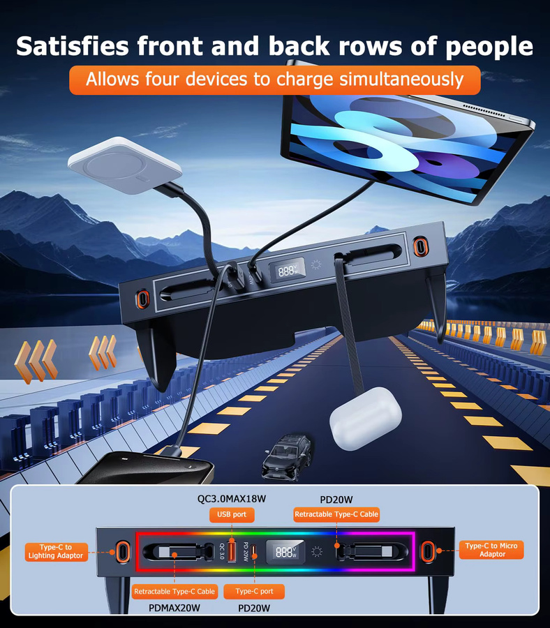 Eary USB-Hub Dockingstation Auto-Ladegerät für Toyota RAV4 2020-2025 mit 4-Port Einziehbare Mittelkonsole Schnell-Ladeadapter und RGB in Schwarz - Bild 3
