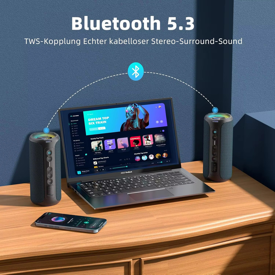 Ortizan Bluetooth-Lautsprecher mit 40 W, tragbarer TWS-Lautsprecher mit Stereo-Sound-Bass, Bluetooth 5.3, USB Typ C und 6600 mAh Akku - Bild 3