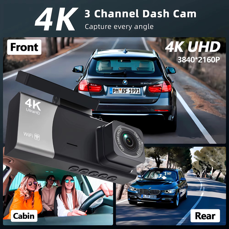4K 3-Kanal WIFI Dash Cam mit 2160P HD Auflösung und OLESED Display, Drei-Wege Fahrzeug-Videorekorder in Schwarz - Bild 4