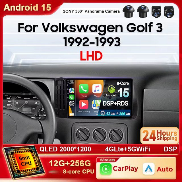 TIEYEZ Android 15 Multimedia-Autoradio für VW Volkswagen Golf 3 1992-1993 mit Carplay, Navigation, GPS, 4G, WIFI, Bluetooth und DSP in Schwarz - Bild 1