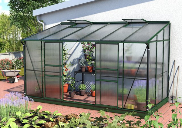 Vitavia Anlehn-Gewächshaus Ida 7800 in Smaragdgrün mit 7,8 m² Fläche, 6 mm Polycarbonat-Platten, Doppelschiebetür und Pultdach