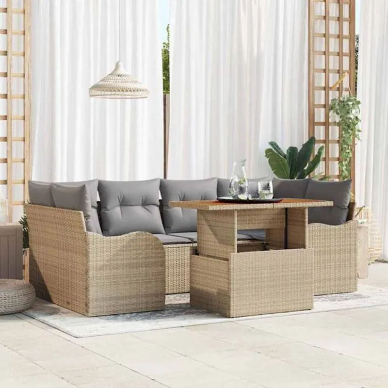 Vidaxl Polyrattan Garten-Sofa-Set aus 7 Teilen in Beige und Grau, modulares Loungemöbel-Set mit abnehmbaren Bezügen, B/T/H: 100 x 55 x 73 cm - Bild 1