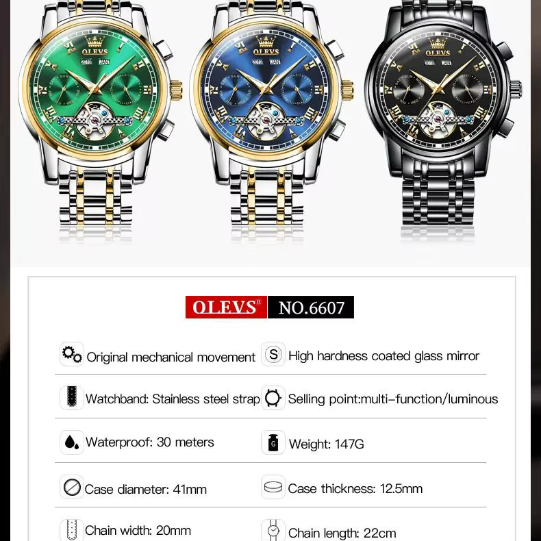 OLEVS Armbanduhr, Automatik, Edelstahl, Schwarz, Herren - Bild 5