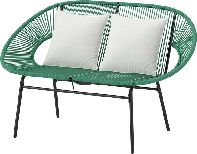 Outsunny Gartenbank 2-Sitzer aus Stahl und Rattan-Seilgeflecht mit 2 Kissen, Dunkelgrün, B/T/H: 72 x 132 x 83 cm - Bild 1