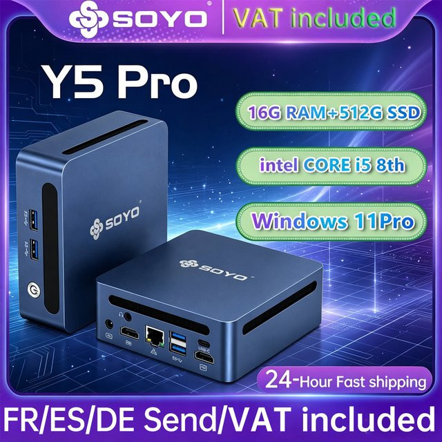 SOYO Y5 PRO Mini-PC mit Intel i5-8250U, 16GB RAM, 512GB SSD und Windows 11 Pro, Dual HDMI, USB-C und Gigabit Ethernet in Blau - Bild 1