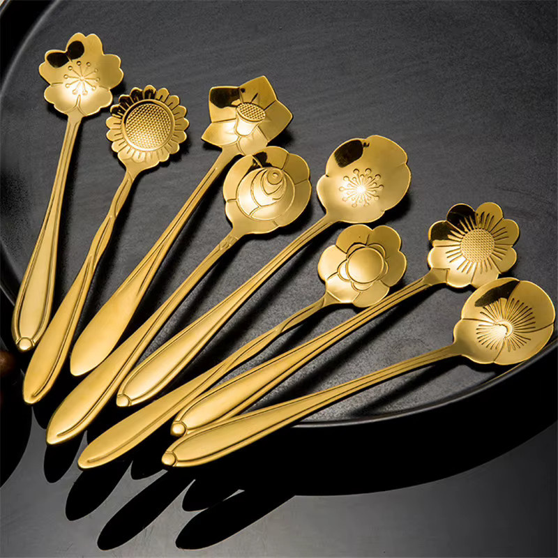 EH-LIFE Dessertlöffel Set aus Edelstahl mit Kirsch- und Rosenmotiv in Gold, 8 Stück - Bild 3