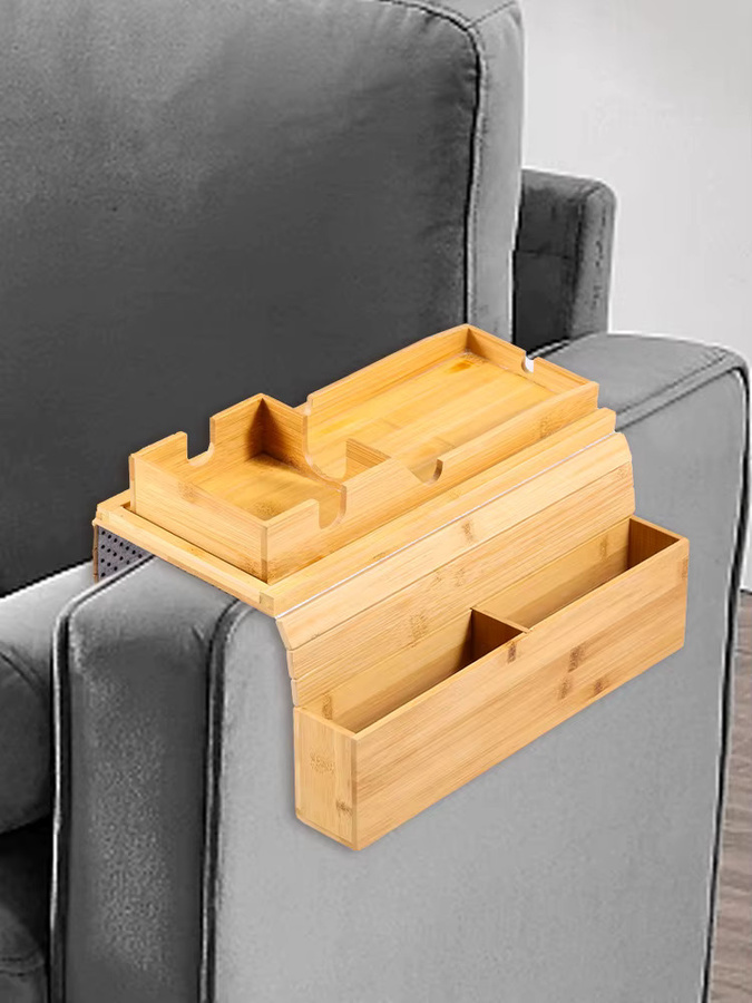 Willstar Couch-Getränkehalter aus Bambus in Braun, faltbares Sofa-Armlehnen-Tablett mit rutschfester Oberfläche und seitlicher Aufbewahrungstasche für Fernbedienungen und Snacks - Bild 5