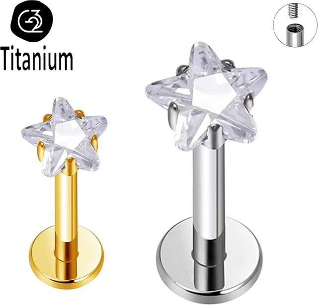 Nasenstecker Piercing, Titan, Stern, CZ, 16G 18G, Flat Back Labret - Bild 1