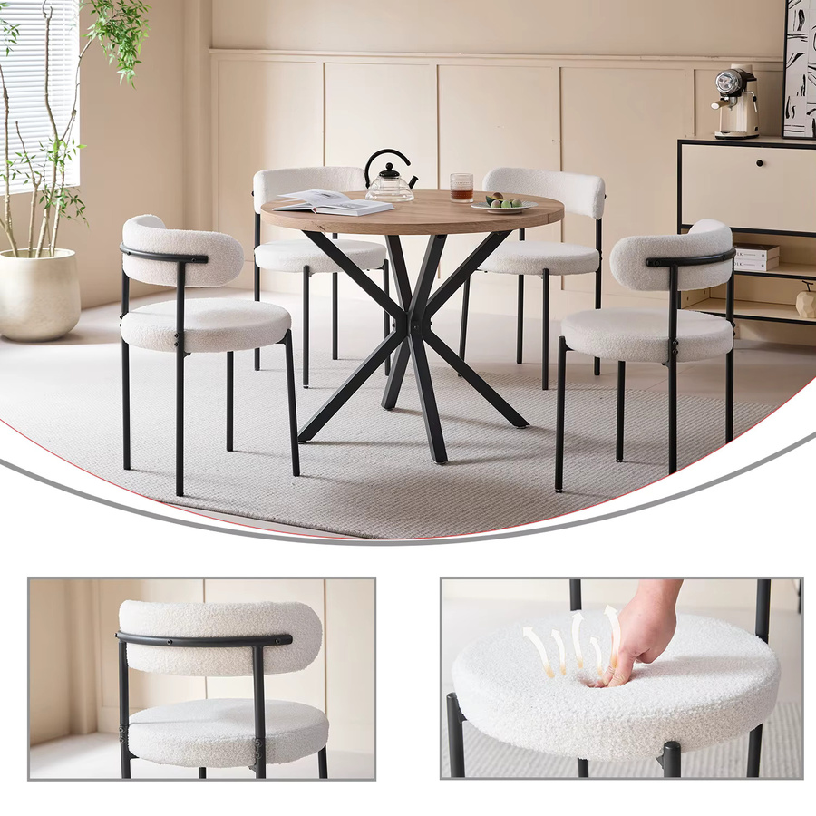 GrandCA HOME Esszimmerstuhl-Set im Mid-Century Modern Stil, runde gepolsterte Stühle mit Metallbeinen und Bouclé-Bezug in Weiß - Bild 3
