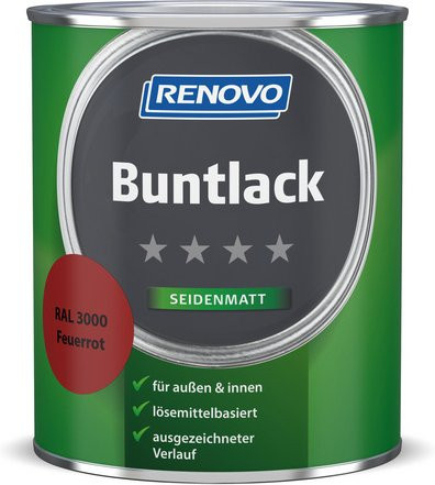 RENOVO Buntlack für Holz in Rot, lösungsmittelbasiert, satin-matt, wetterfest und lebensmittelecht, 0,75 l - Bild 1