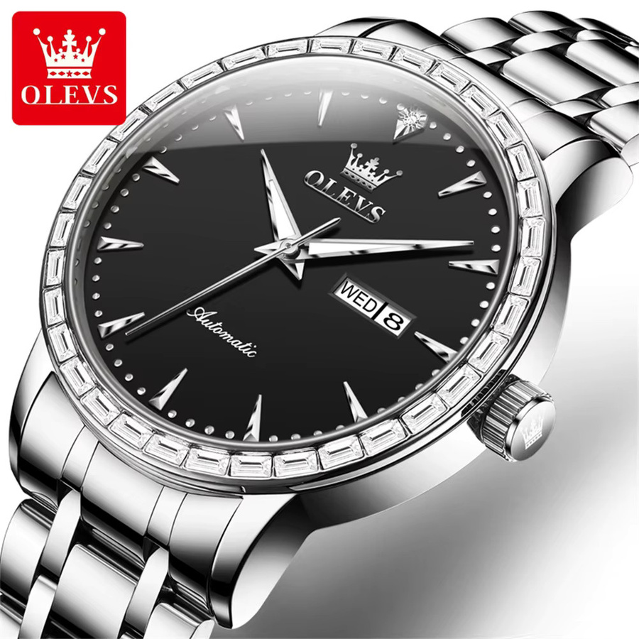 OLEVS Armbanduhr, Automatik, Edelstahl, Diamant, Herren, Schwarz, Silber - Bild 3