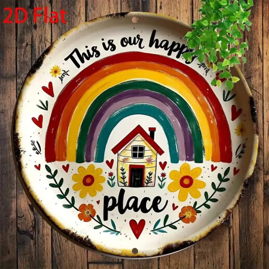 CIFBUY Retro-Metallschild This Is Our Happy Place, runde Wandkunst mit floralem Design und Typografie, Mehrfarbig, Durchmesser: 20 cm - Bild 6