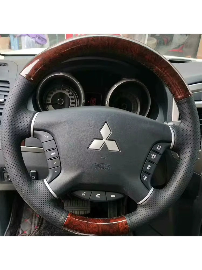 Handgenähte Lenkradabdeckung aus echtem Leder für Mitsubishi Pajero 2007–2014 und Galant 2008–2012 in Braun mit Holzmaserung - Bild 2