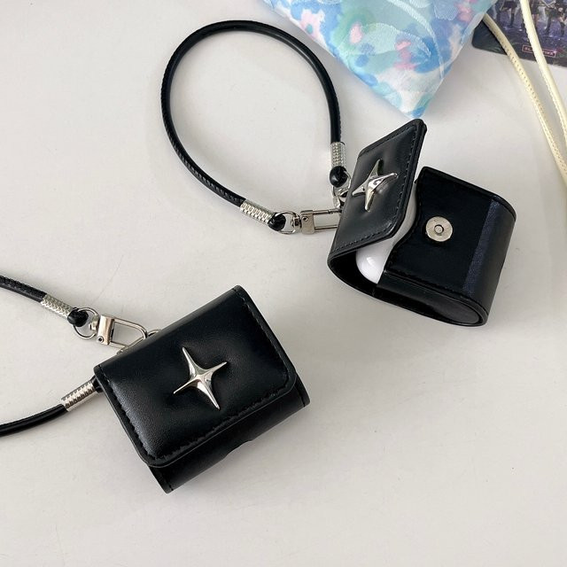Schutzhülle aus Metall-Nordstern-Kunstleder für Apple AirPods 1, 2, 3, 4, Pro 2, Pro 3 mit Umhängeband in Schwarz - Bild 1