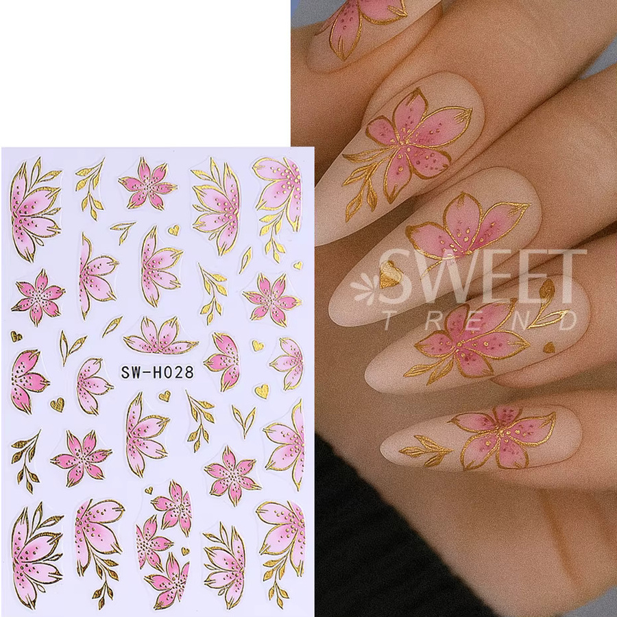 SWEET TREND Nagelaufkleber, Rosa Blume, Metallic Gold, 2 Stück - Bild 2