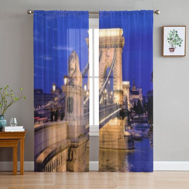 Super Six Chiffon Tüllvorhang mit Kettenbrücke Motiv in Blau, transparent, Breite: 135 cm, Höhe: 114 cm - Bild 1