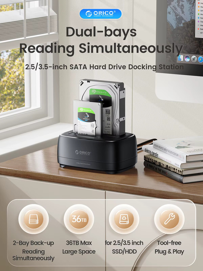 ORICO Dual-Bay Festplatten-Dockingstation USB 3.0 Typ C für 2,5 und 3,5 Zoll HDD/SSD, Schwarz, unterstützt UASP und werkzeuglose Bedienung - Bild 2