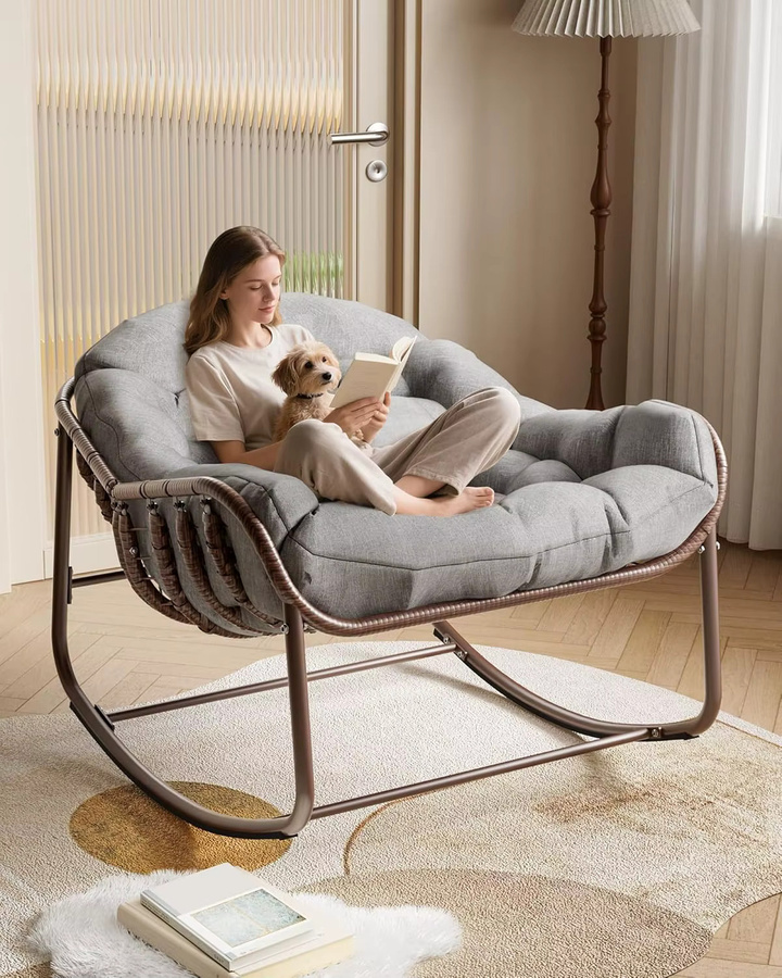 HiMISS Rattan-Schaukelstuhl als moderner Übergroßer Lounge-Eierstuhl aus Polyrattan mit Polsterung in Weiß und Grau - Bild 2