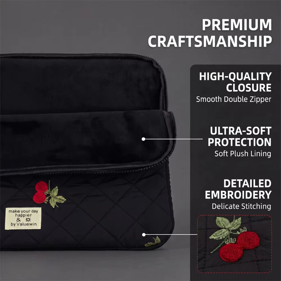 BOKEN Bestickte Laptop-Tasche mit weicher Plüsch-Fütterung für MacBook Air/Pro, Lenovo, Surface und Dell Notebooks, Farbe: Schwarz - Bild 3
