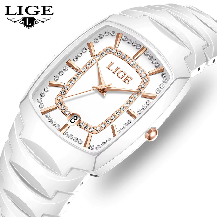 LIGE Armbanduhr, Quarz, Keramik, Weiß, Diamantbesetzt, Damen - Bild 3