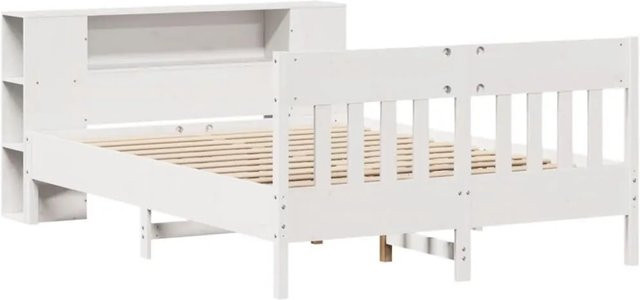 vidaXL Massivholzbett aus Kiefer mit Regal in Weiß, rustikaler Stil, B/T/H: 140 x 190 cm - Bild 1