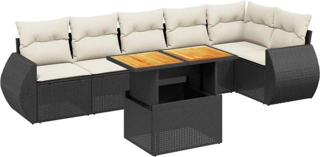 vidaXL 7-teilige Garten-Sofagarnitur in L-Form aus Poly-Rattan und Akazienholz mit Kissen in Schwarz-Creme - Bild 1