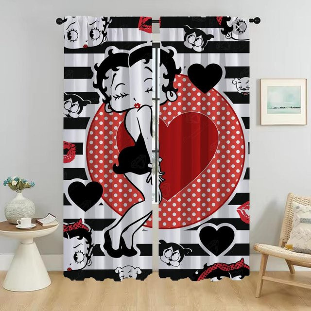 Betty Boop Tüll-Vorhänge für Wohnzimmer und Schlafzimmer, 2er-Set, Mehrfarbig, Breite: 50 cm, Höhe: 70 cm - Bild 1