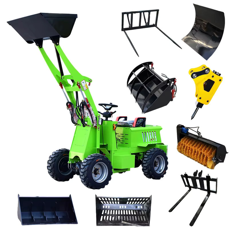 DCNB Mini Radlader mit EPA-Dieselmotor, 4WD Landwirtschaftlicher Kompaktlader mit Schaufel, 700kg bis 750kg Tragkraft, Orange/Grün - Bild 2