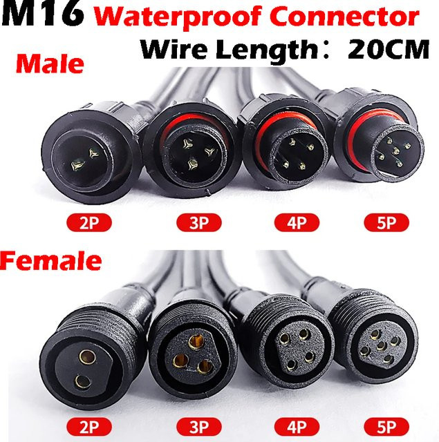 Wasserdichter M16 Kabelstecker IP65 Set mit 2 3 4 oder 5 Pin für LED-Streifen männlich und weiblich in Schwarz, Länge: 20 cm, Außendurchmesser: 6 mm - Bild 1