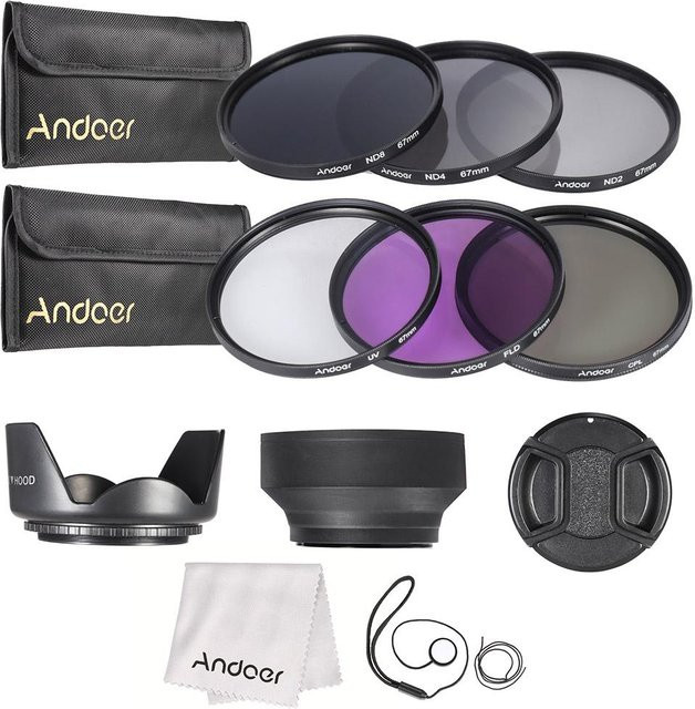 Andoer Objektivfilter-Set UV, CPL, FLD und ND (ND2, ND4, ND8) in Schwarz mit Tragetasche, Durchmesser: 67 mm - Bild 1