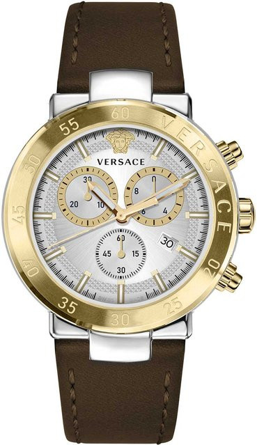 Versace Chronograph, Herrenuhr, Edelstahl, Quarz, 44 mm, Silber, Leder - Bild 1