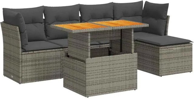 vidaXL 6-teilige Garten-Sofagarnitur in L-Form aus grauem Poly-Rattan mit Kissen und Akazienholz - Bild 1
