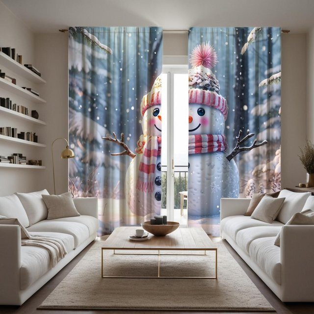 2-teiliges Set dekorative Schneemann-Vorhänge mit HD-Digitaldruck in Weiß für Wohnzimmer und Schlafzimmer, B: 132 cm, H: 160 cm - Bild 1
